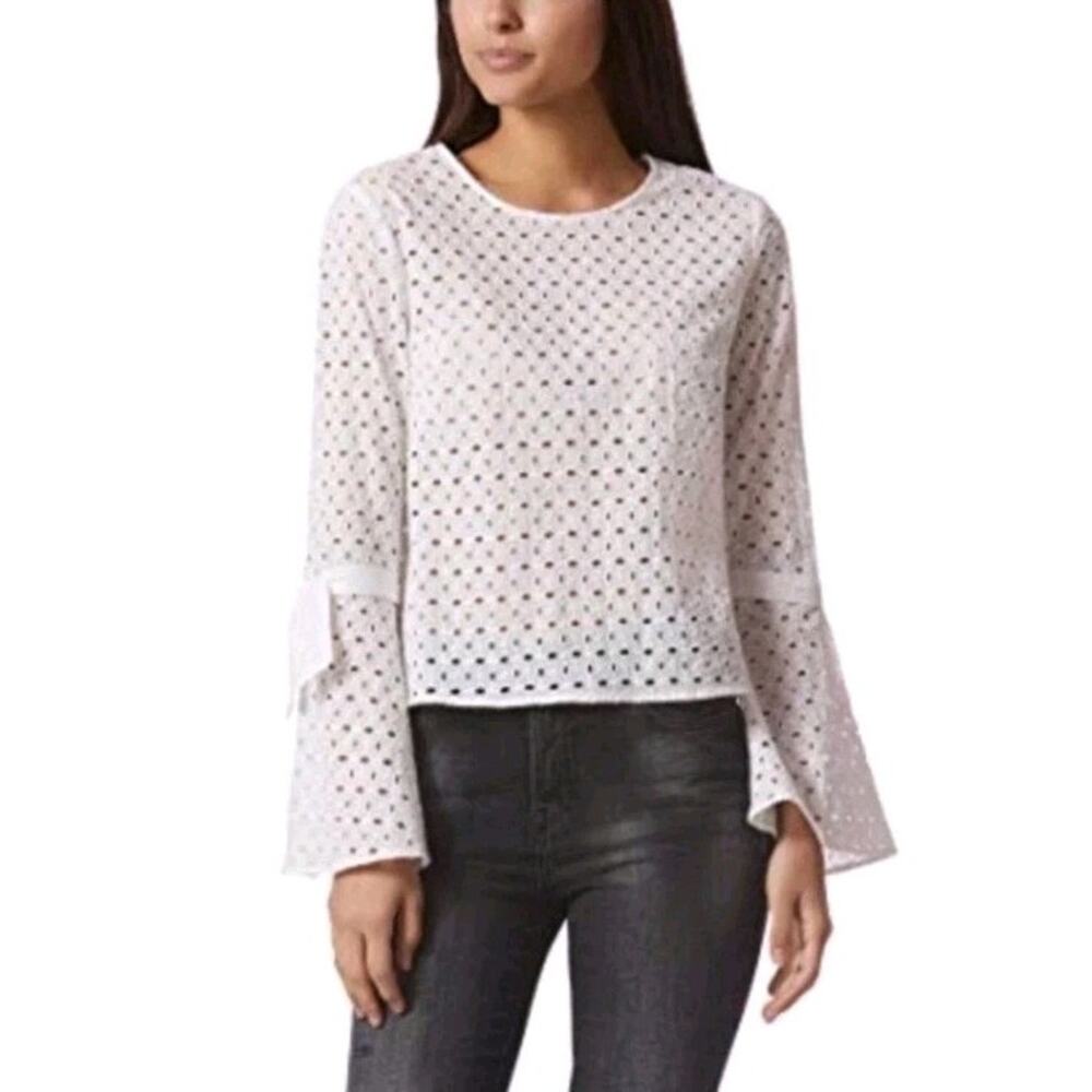 NEW Avec Les Filles Womens Medium Top White Lace Eyelet Flare Sleeve Ribbon Ties